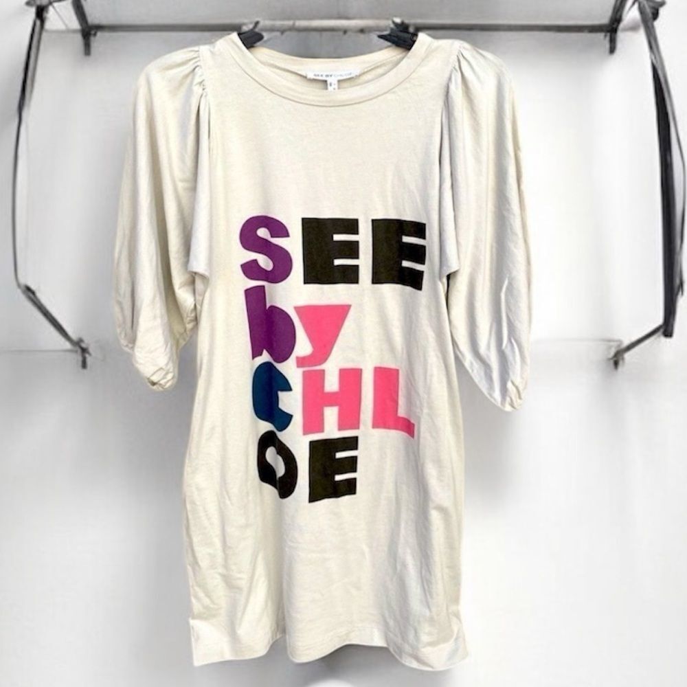 Rare See by Chloe Logo Light Gray Graphic Mini Dress w/Bell Sleeves. XS (2) EUC - Picture 2 of 5